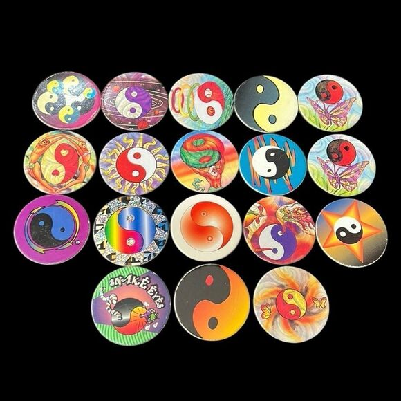 Vintage 90s POGS Lot of 18 Ying Yang Cardboard Milk Bottle Caps Game - Picture 1 of 7